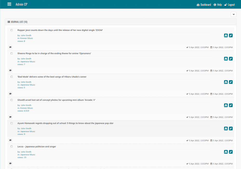 Screenshot: Manage Journals